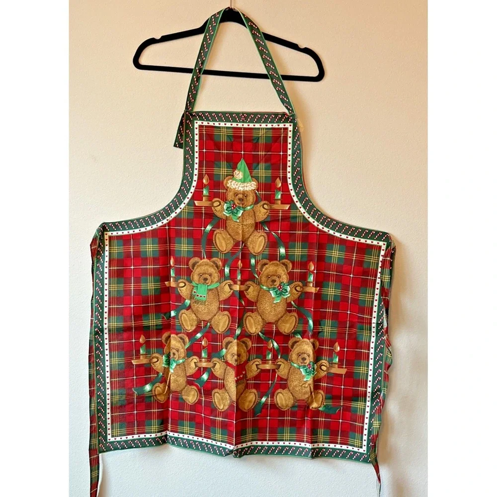 Christmas Apron Teddy Bear Candy Canes Green Red Plaid Bib Bright Colors